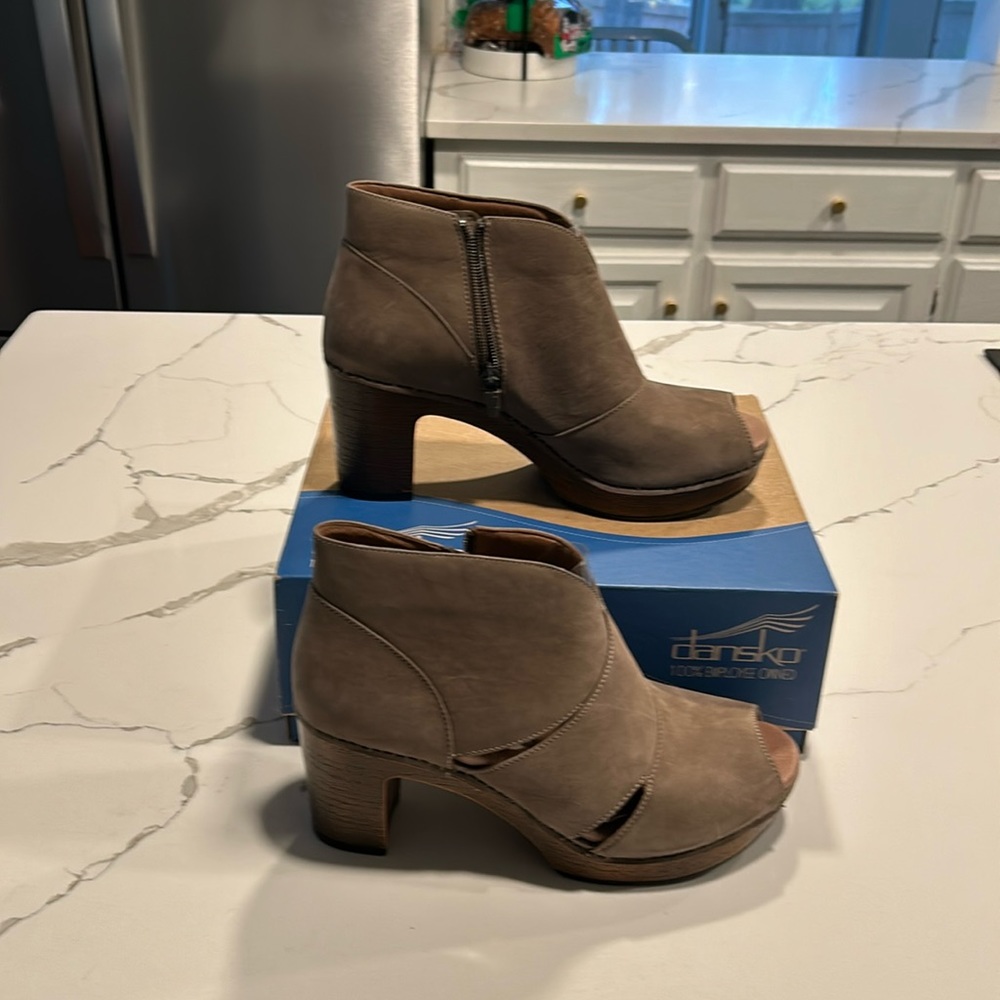 Dansko Taupe Suede Open-Toe Ankle Booties